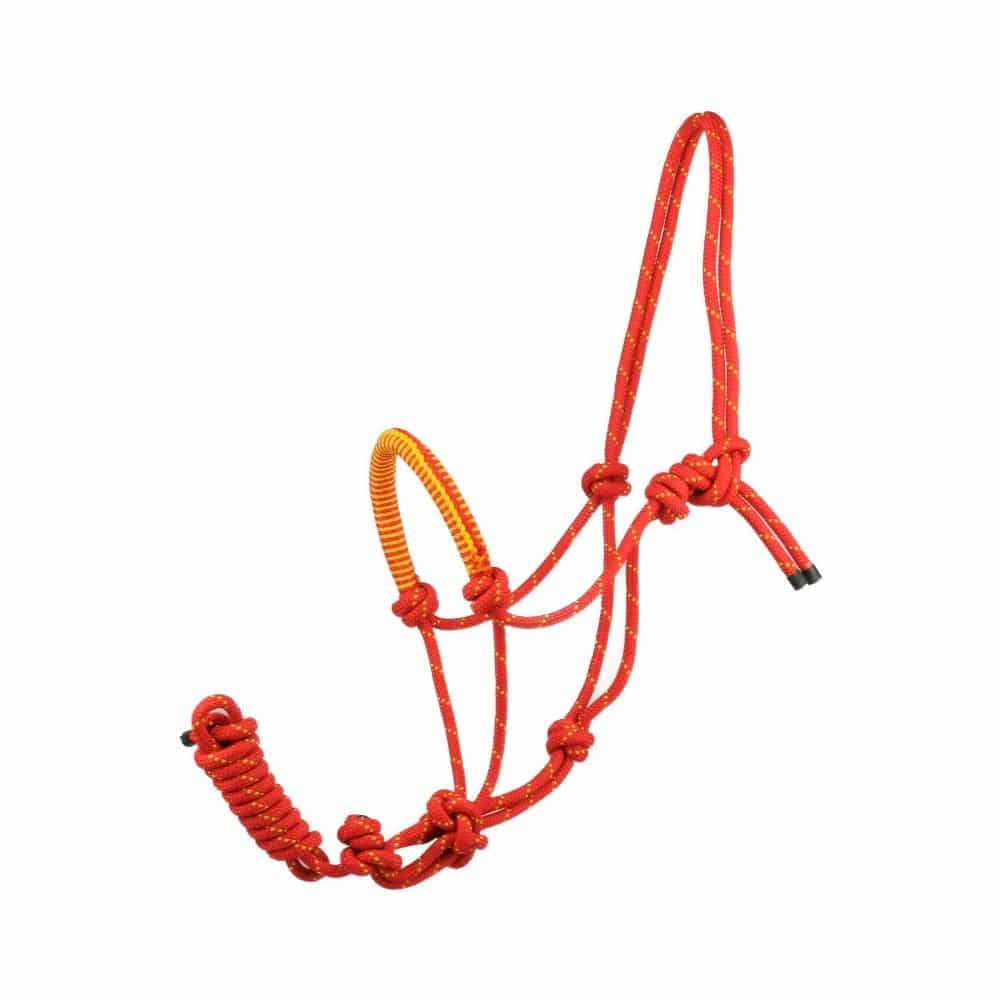 rope halter with braided nose piece in red yellow including lead at Picadera