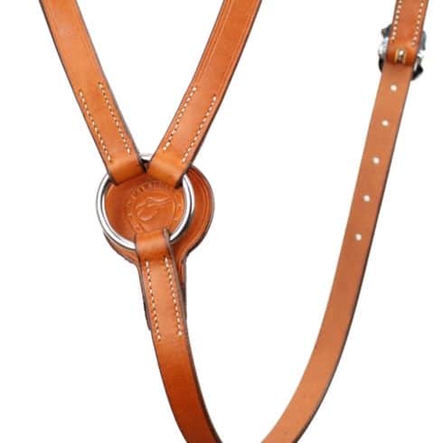 Breastplate in portuguese-baroque style. Natural light brown quality leather with angular silver-coloured Cortesia buckles.