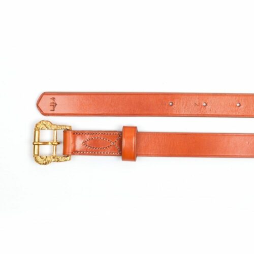 Baroque stirrup leathers havana leather with gold Cortesia buckles at Picadera