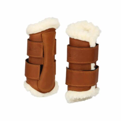 Leather horse boots for Working Equitation and dressage light brown front Picadera