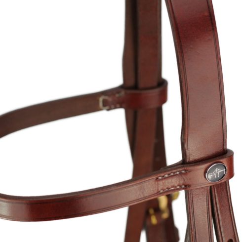 Baroque Portuguese style double bridle in brown with gold-coloured cortesia buckles.