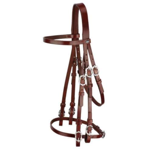 Baroque Portuguese style double bridle. Brown cowhide with silver-coloured Cortesia buckles. Includes two pairs of smooth leather reins.