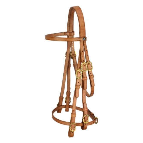 Baroque Portuguese style double bridle. Natural light brown cowhide with gold-coloured Cortesia buckles. Includes two pairs of smooth leather reins.