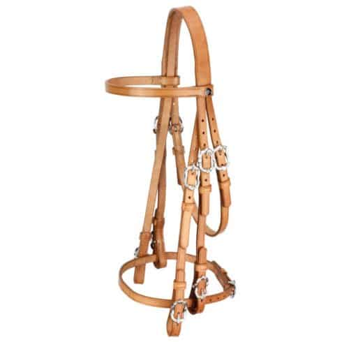 Baroque Portuguese style double bridle. Natural light brown cowhide with silver-coloured Cortesia buckles. One size fits all. Includes two pairs of smooth leather reins.