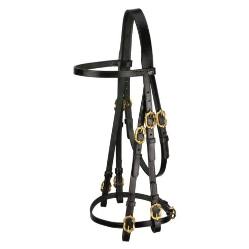 Baroque Portuguese style double bridle in black with gold-coloured cortesia buckles.