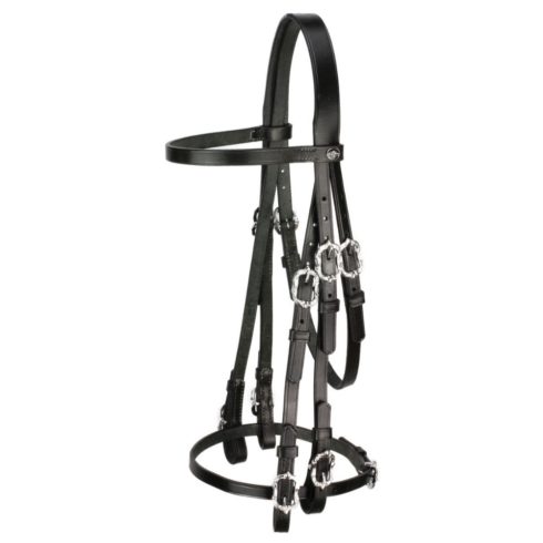 Baroque Portuguese style double bridle. Natural light black cowhide with silver-coloured Cortesia buckles. Includes two pairs of smooth leather reins.