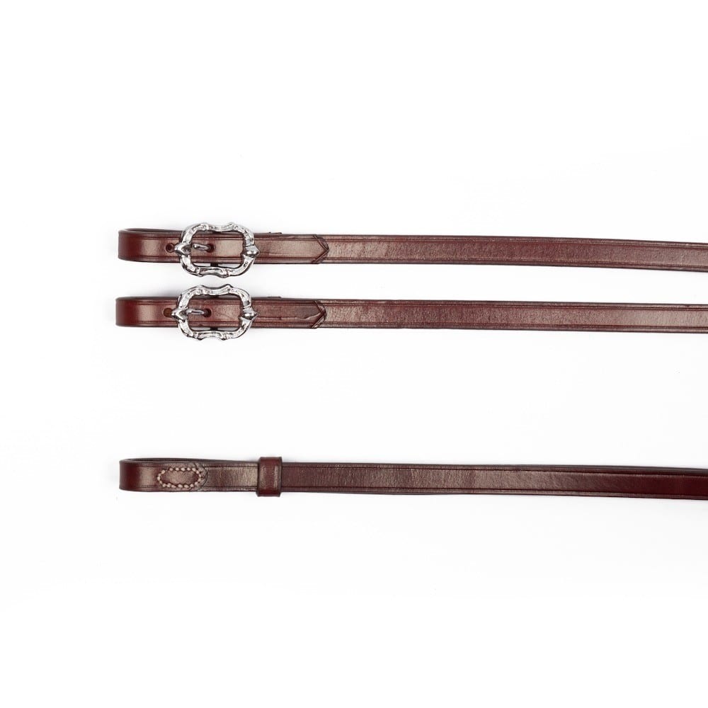 Baroque leather curb reins made of brown leather with silver Cortesia buckles from Picadera