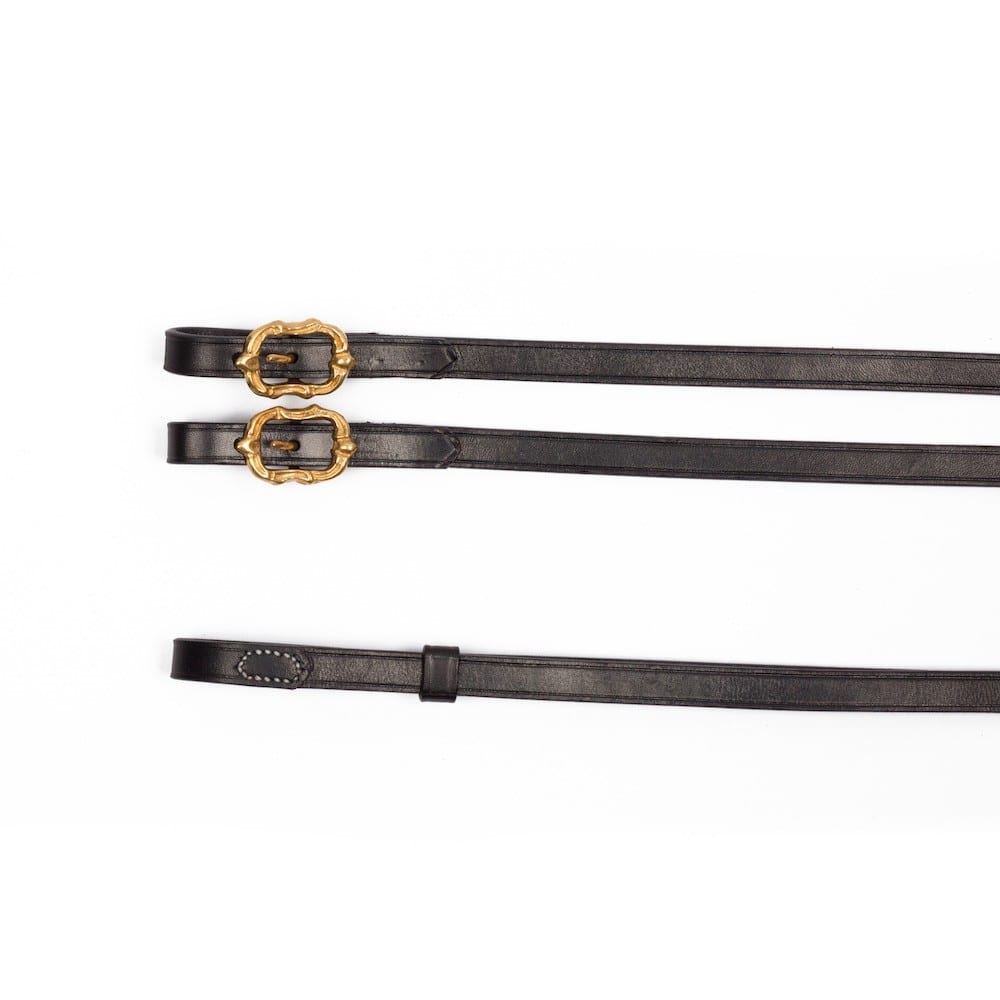 Baroque leather curb reins made of black leather with golden Cortesia buckles from Picadera