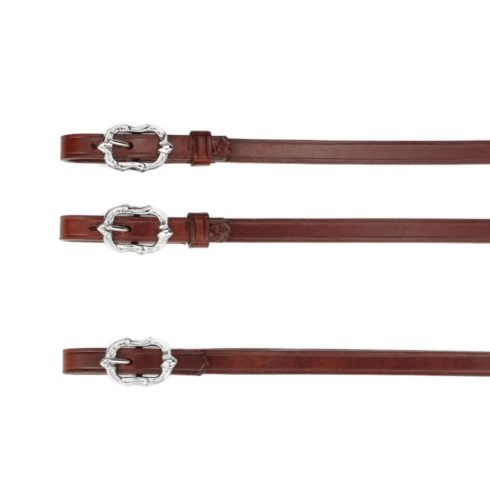 Slim leather reins in Portuguese style. Made of brown cowhide with silver-coloured Cortesia buckles.