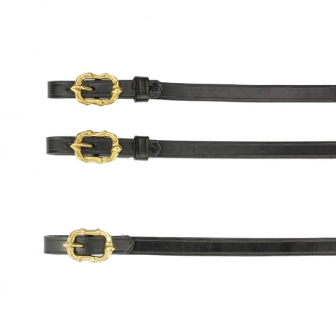 Barock Zügel aus schwarzem Leder mit goldenen Cortesia Schnallen von Picadera