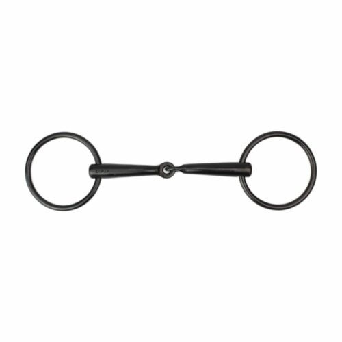 loose ring snaffle bit made of black burnished iron with thin single broken mouthpiece at Picadera