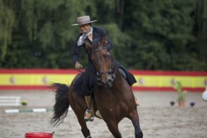 Reiterin auf spanischem Pferd bei Working Equitation Tonnen bei Picadera