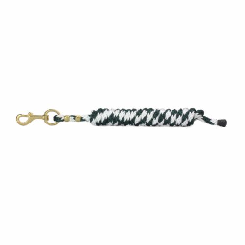 Green and white horse lead rope made of sturdy rope with gold-colored buckle. End piece with wax face.