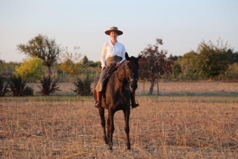 Spanisches Pferd mit Reiterin in der Natur bei Picadera