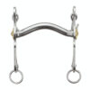 Portuguese Alta Escola style stainless steel Curb Bit with Mullen Mouth &amp; brass flower at Picadera in front view