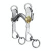 Portuguese Alta Escola style stainless steel Curb Bit with Mullen Mouth &amp; brass flower at Picadera in side view