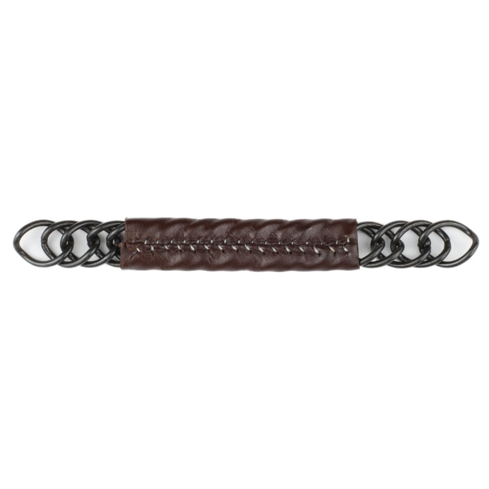 Kinnkette Vaquero aus schwarzem Sweet Iron mit Leder ummantelt und 18 Ringen für spanische Gebisse Rückansicht bei Picadera