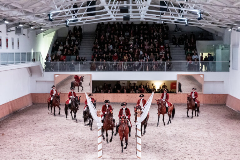 Riders of the Portuguese Riding School during a gala performance at Picadera